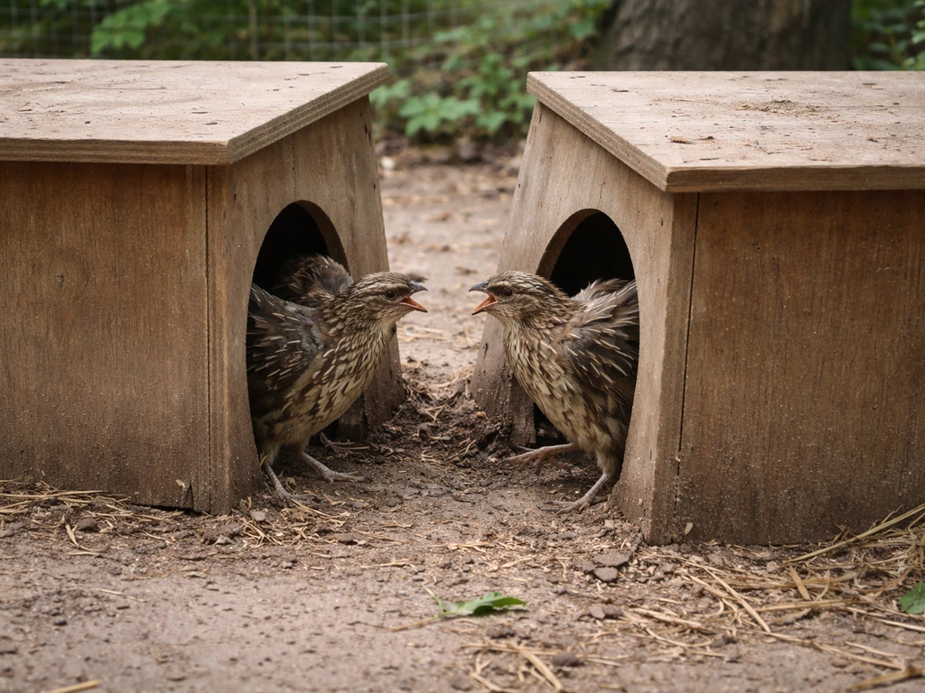 Two close wooden animal boxes with two animals posturing and chasing near the shared entrances.
