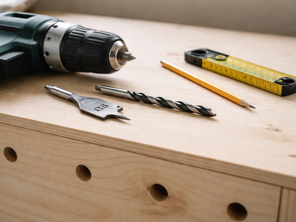 Close-up of drill and spade bit next to a measuring tape on a wooden box for safe drainage holes.