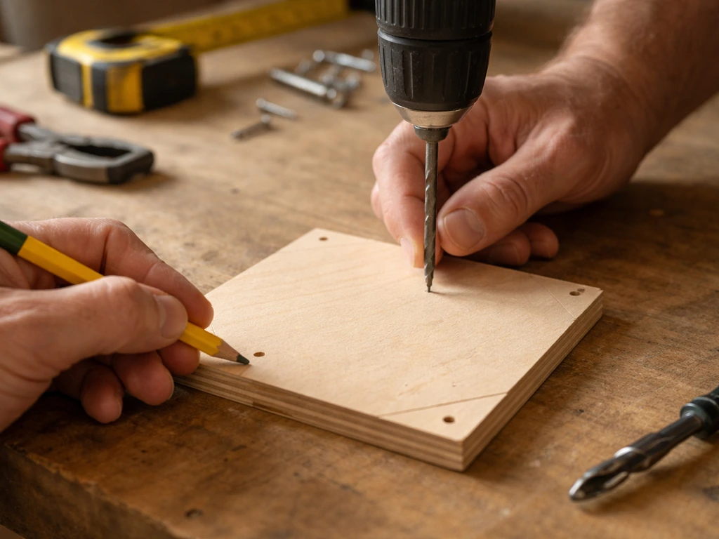 Hands marking four corner holes on a birdhouse floor panel, drill bit ready to make drainage holes.