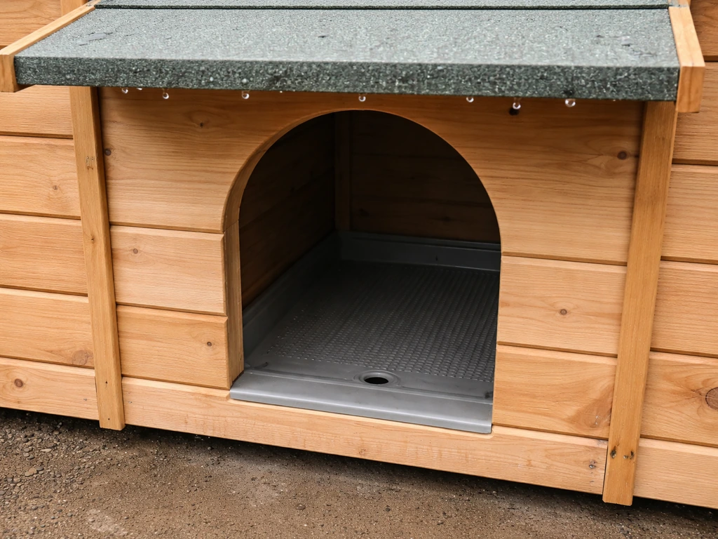 Close view of a roof overhang and recessed floor entrance area with a small drainage hole, wet and protected from rain.