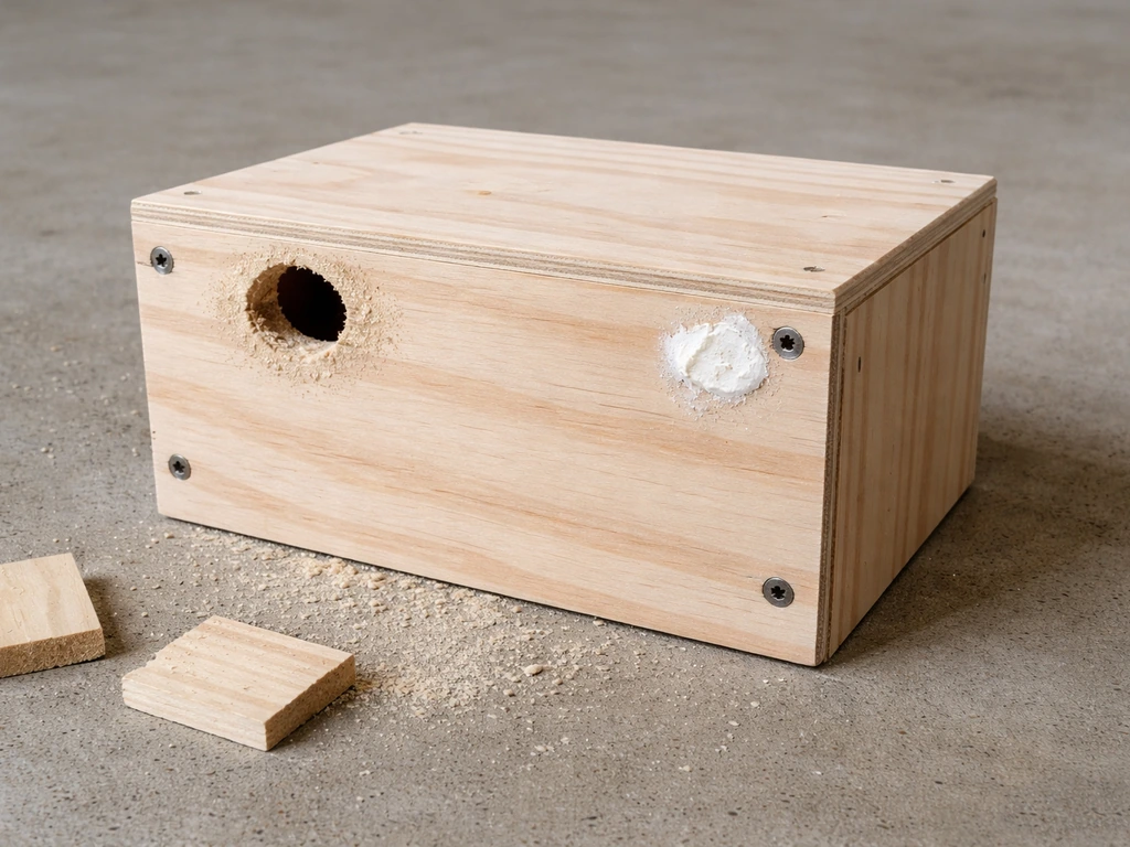 Close-up of a simple wooden box on a concrete floor with an open drilling mistake and a caulked-over hole
