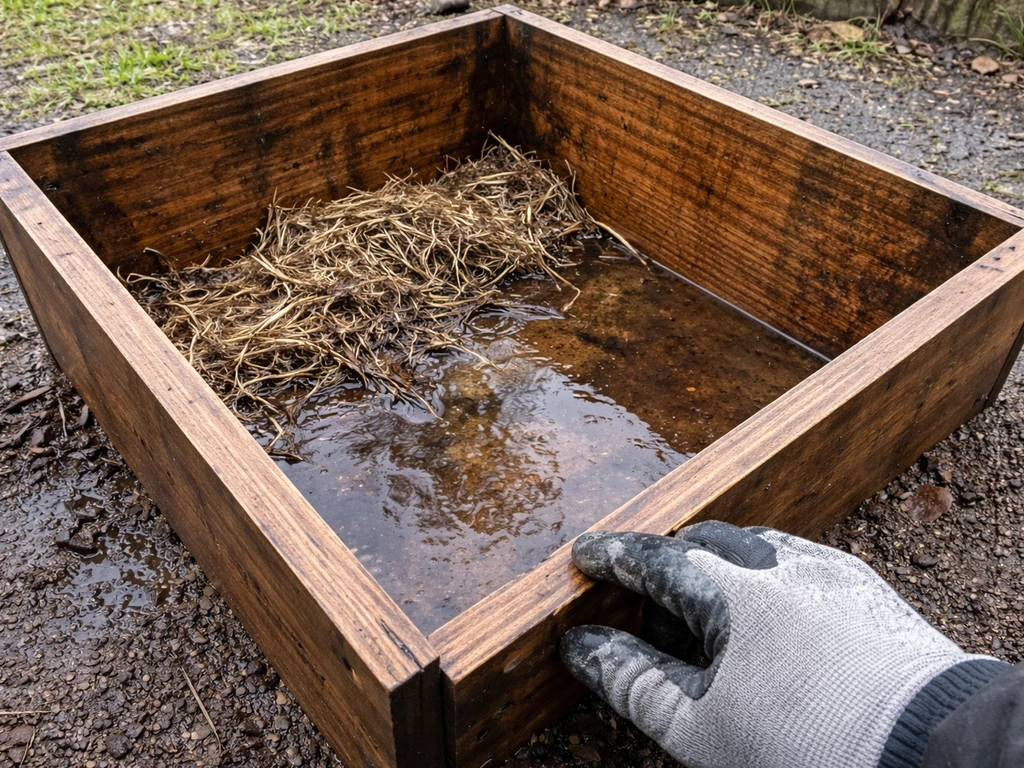 Wet wooden box on rainy ground with pooled water and damp staining; a gloved hand checks drainage holes.