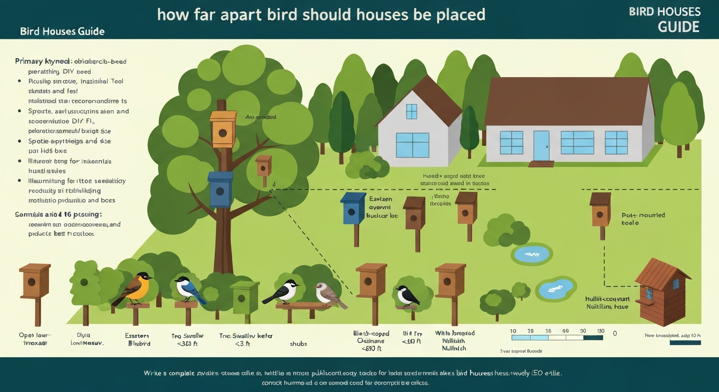 Infographic overhead view of a backyard showing labeled bird houses spaced according to species recommendations, with habitat cues and measurement arrows.