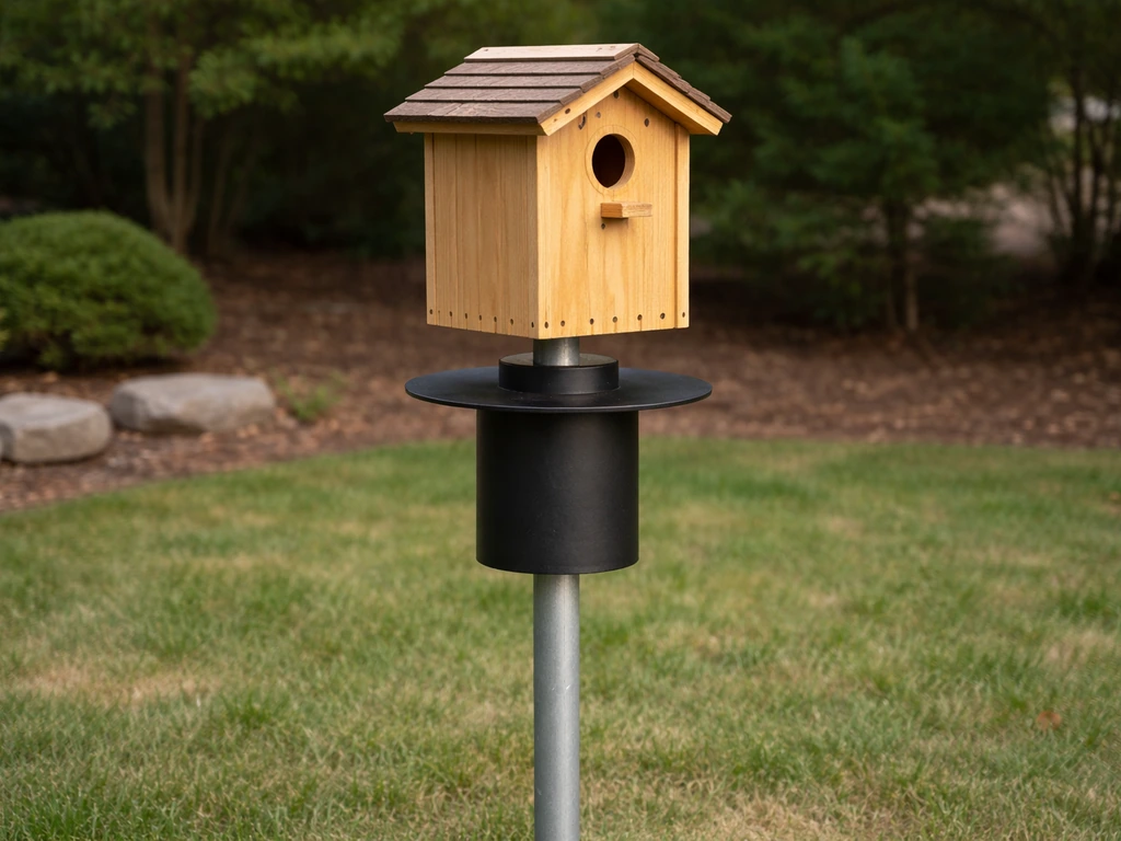 Close view of a predator-proof birdhouse mounted on a pole in a clean yard with protective hardware