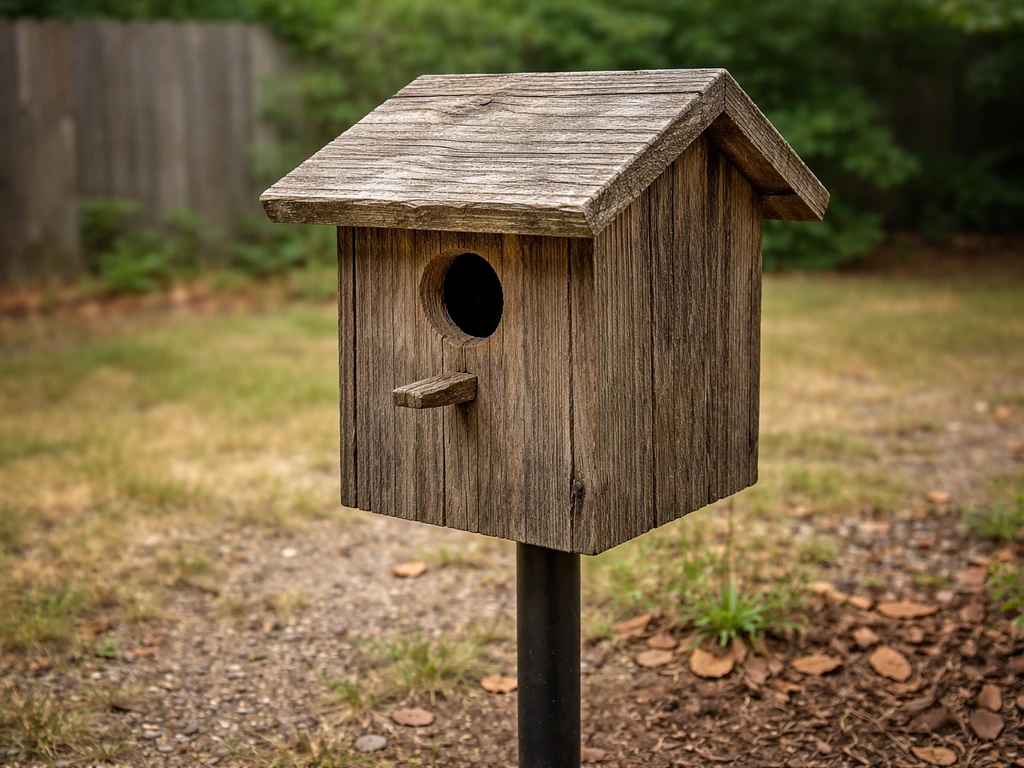 Birdhouse on a yard pole with quiet grass and soil around it, showing no snakes present.
