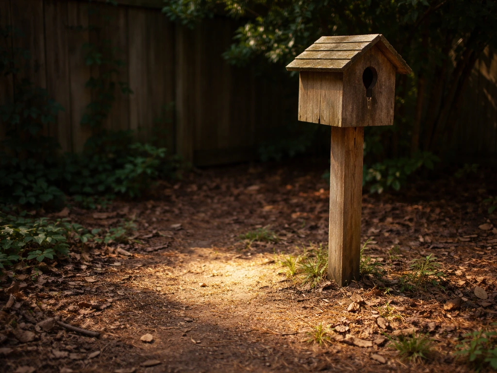 Sun-warmed birdhouse on a sunny post with a warmer patch of ground beneath it in a backyard