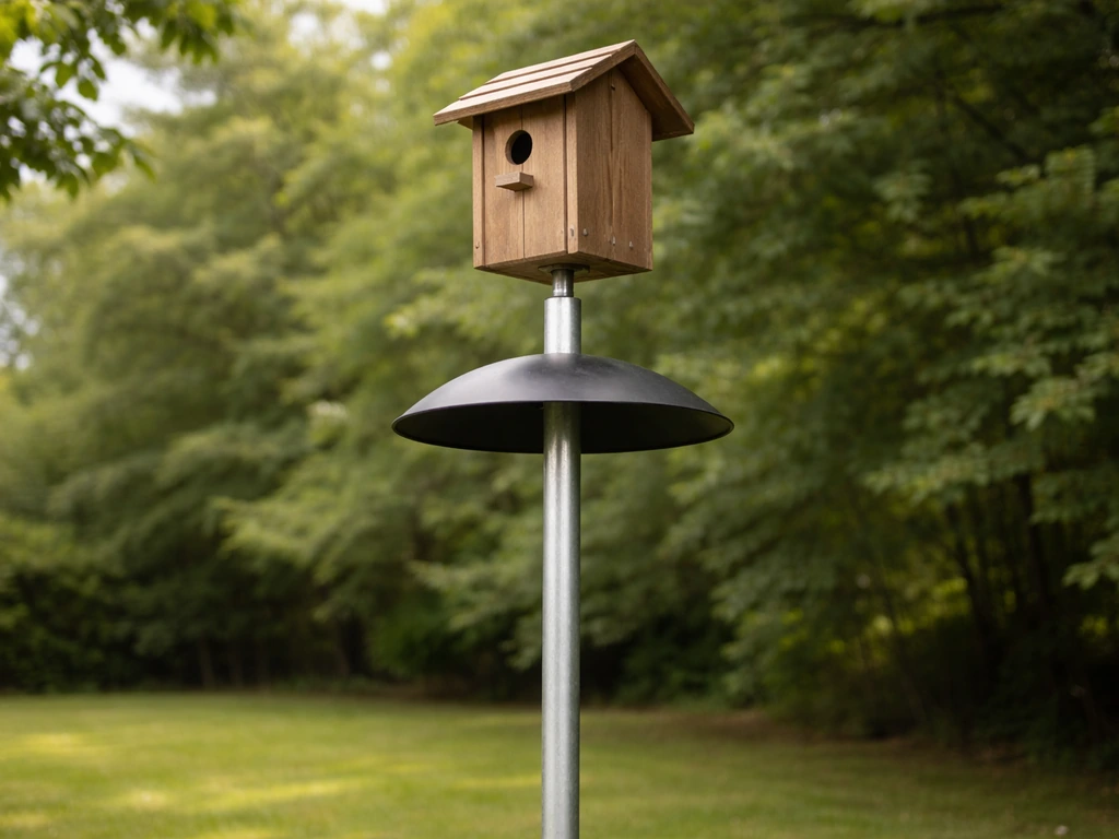 Birdhouse mounted on smooth EMT pole with a fitted baffle beneath for snake-proofing.