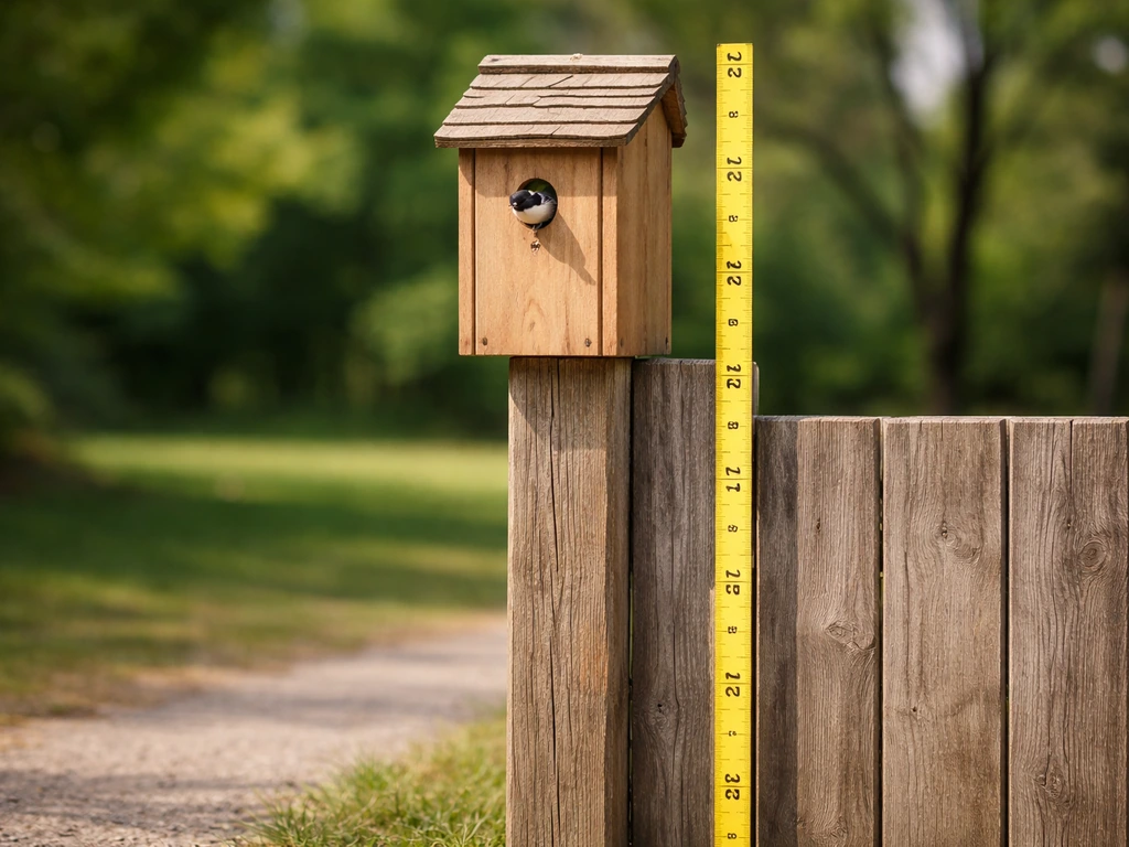 Chickadee nest box on a post beside a measuring tape showing a 6–10 foot mounting height.