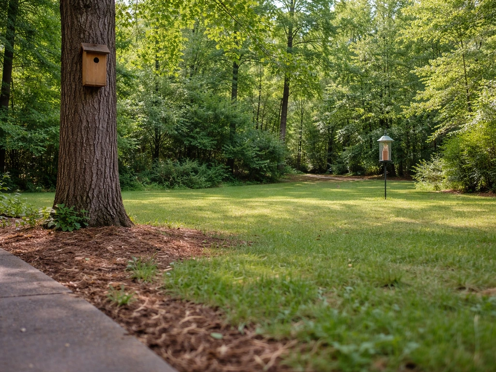Wooden chickadee nest box on a tree with a visible gap to a bird feeder and nearby walkway edge.