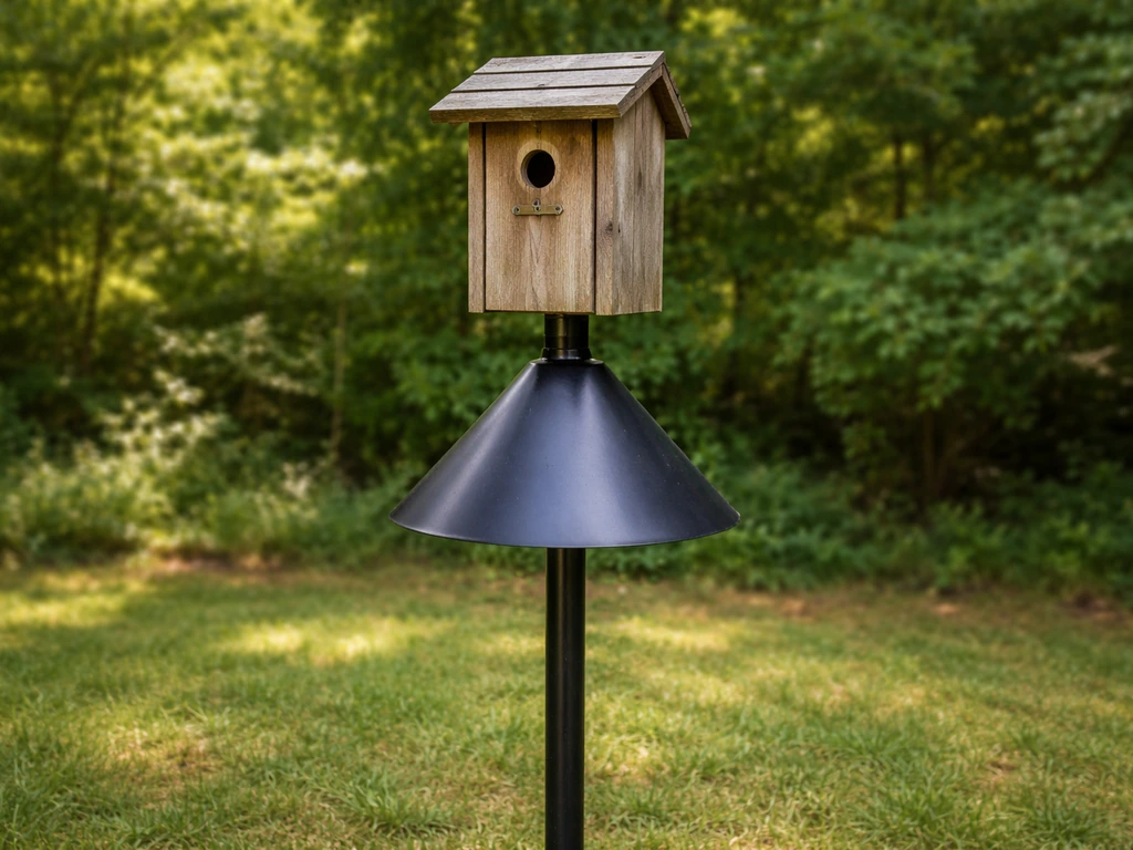 Wooden chickadee nesting box mounted on a freestanding pole with a predator baffle below the entrance.