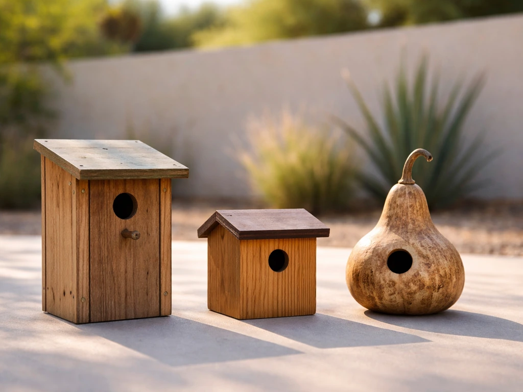 Three cavity-nesting birdhouses (bluebird, wren, swallow gourd-style) arranged side-by-side outdoors.