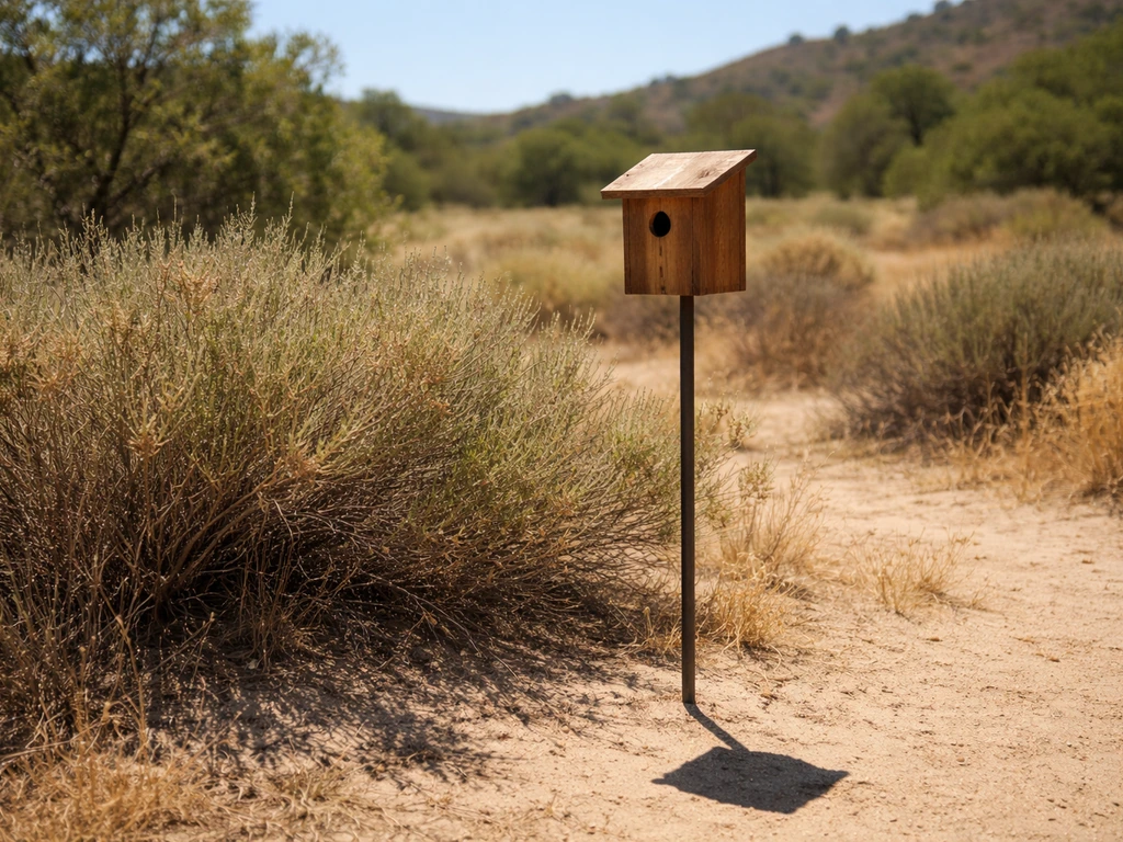 Wooden birdhouse on a pole in sunny SoCal, oriented for shade with surrounding shrubs spaced apart.