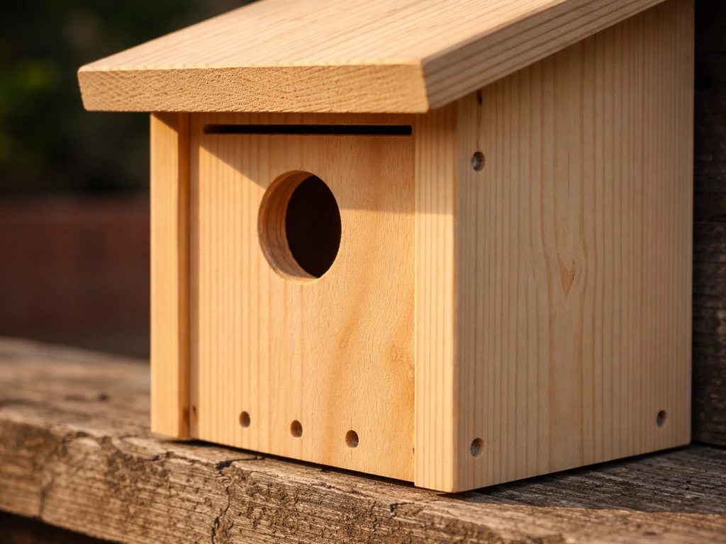 Close-up of an untreated wood birdhouse showing ventilation gaps, drainage holes, and shaded overhang.
