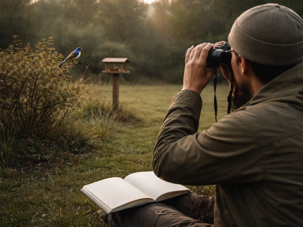 Person in a quiet backyard with binoculars watching blue birds near native plants