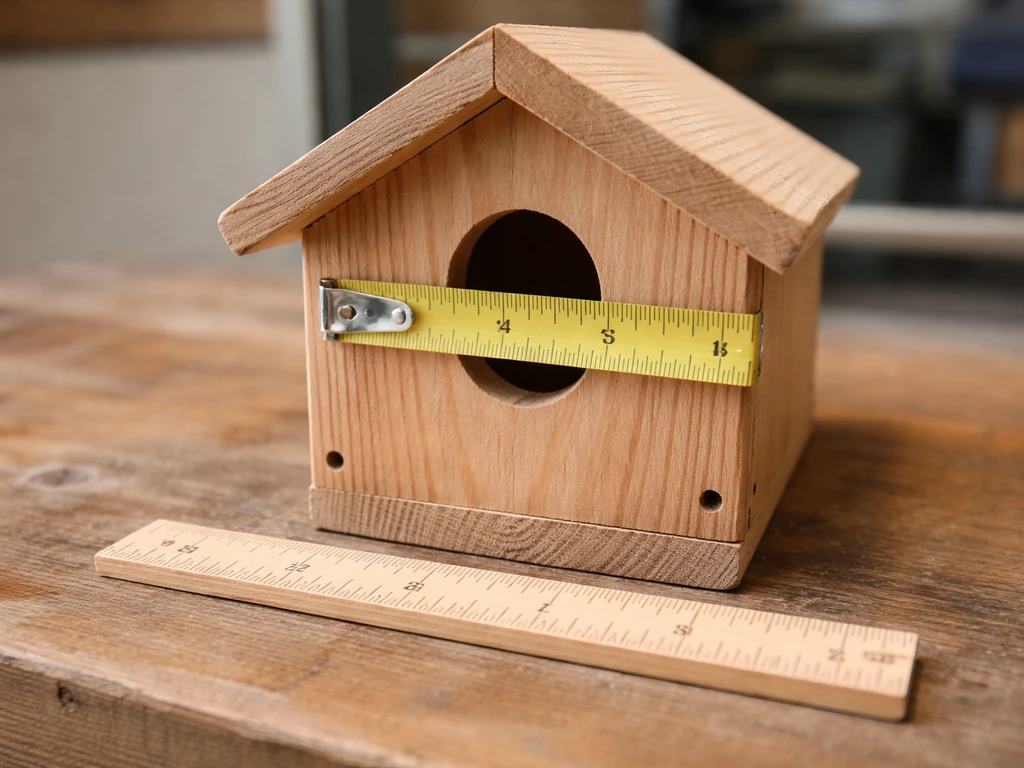 Close-up of a wooden birdhouse with tape measure and ruler showing entrance hole diameter and interior depth.