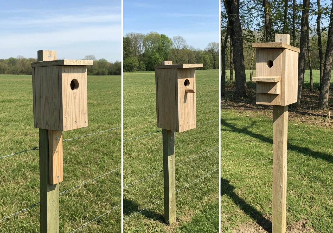 Three wooden birdhouses on fence posts at different heights, showing open-field vs tree-edge habitat.