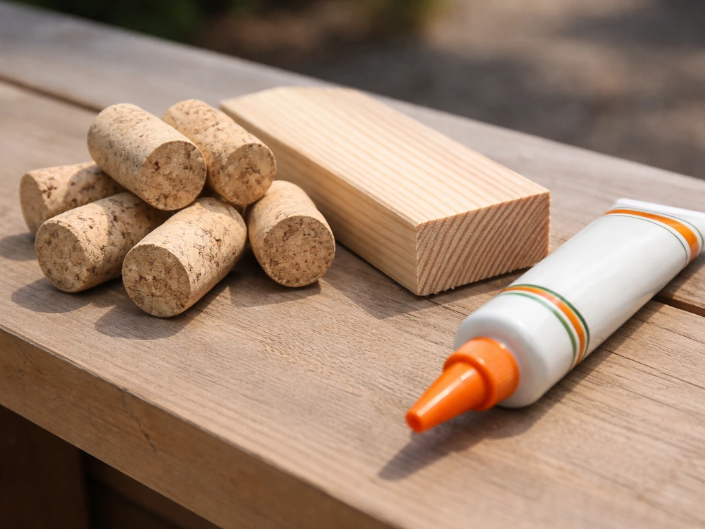 Close-up of natural corks, untreated cedar frame wood, and outdoor waterproof wood glue on a workbench