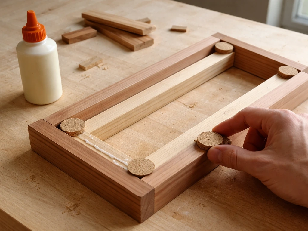 Close-up of untreated cedar/pine frame being assembled as clear waterproof glue applies cork pieces.