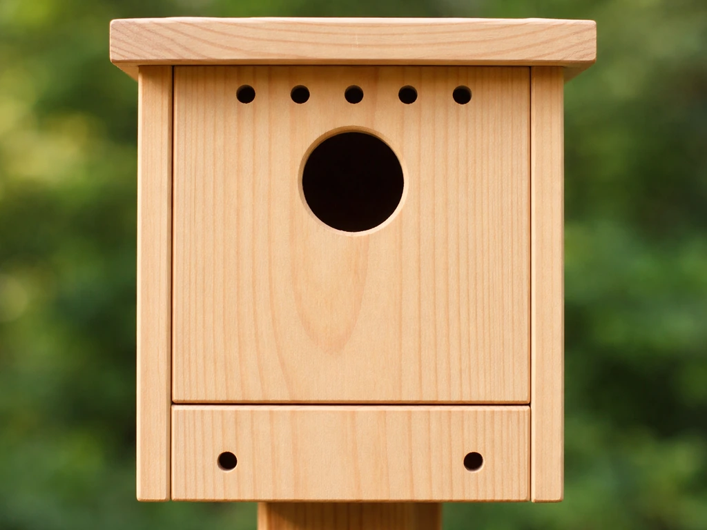 Close-up of a birdhouse front showing the 1 1/8-inch entry hole, ventilation holes, and drainage/clean-out design.