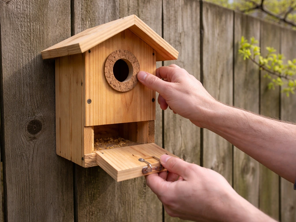 Hands check corks and a slightly open clean-out latch on a spring birdhouse.