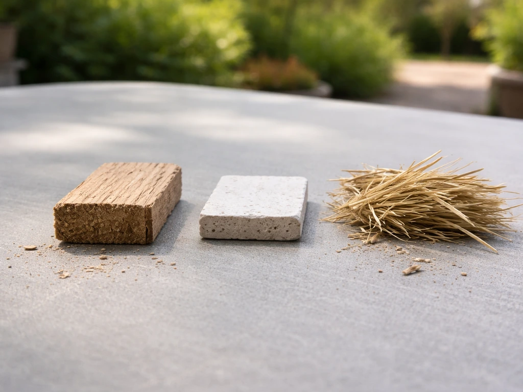 Three nesting-material samples—wood, ceramic, and straw—on an outdoor table in natural light.