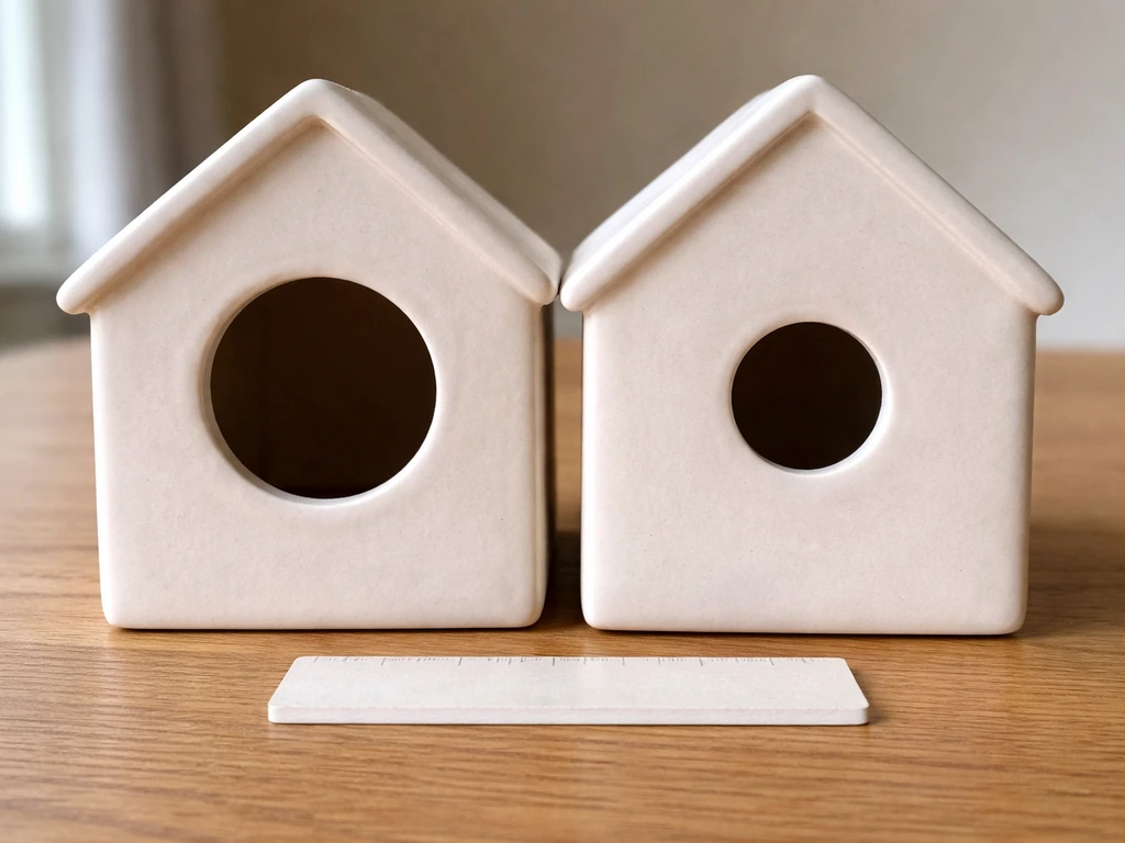 Close-up side-by-side ceramic bird house entrance-hole openings showing correct vs too-large fit.