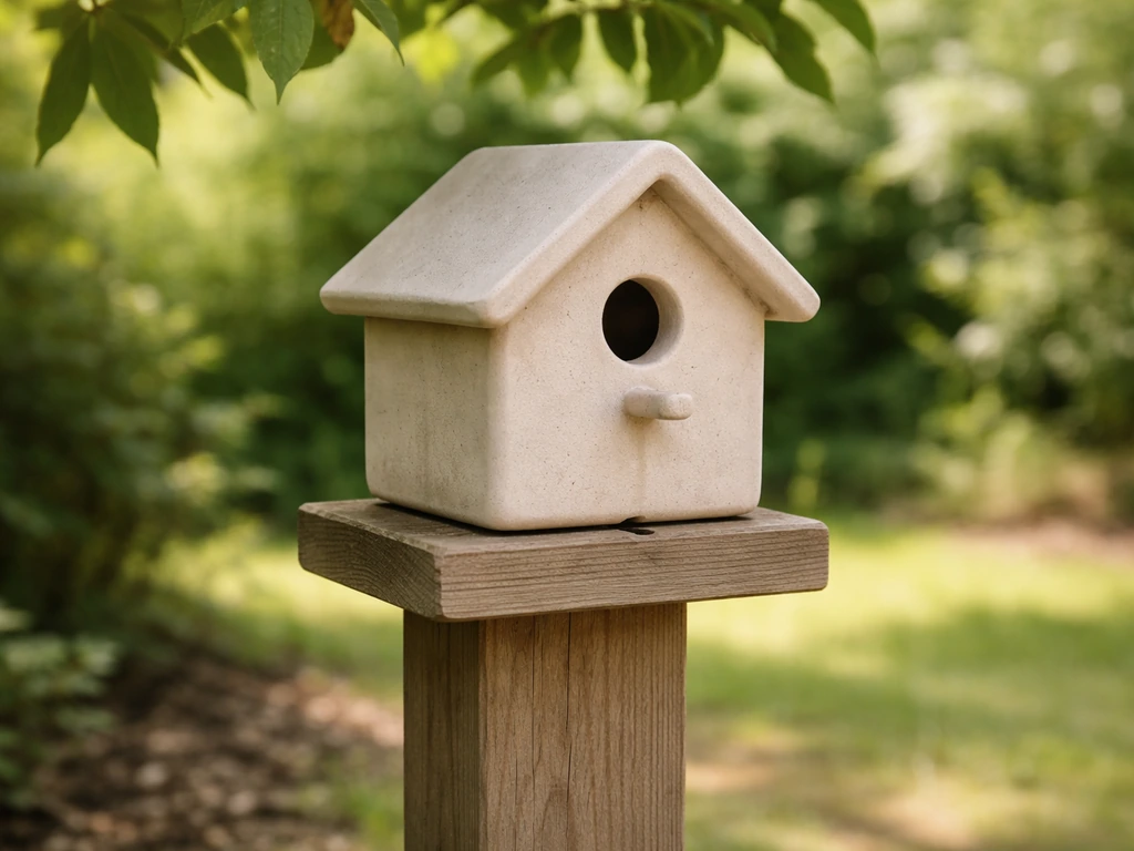 Ceramic bird house in partial shade with visible airflow gap and small drainage opening detail