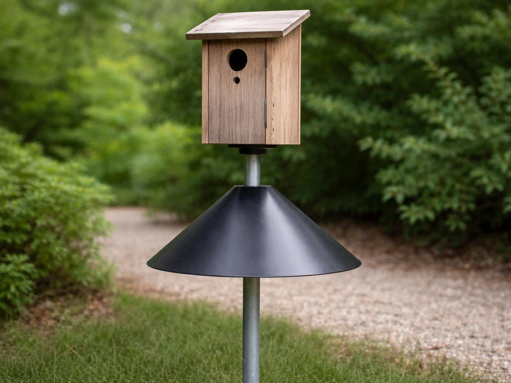 Backyard bird feeder setup with a smooth metal pole baffle to block predators from a nest box.