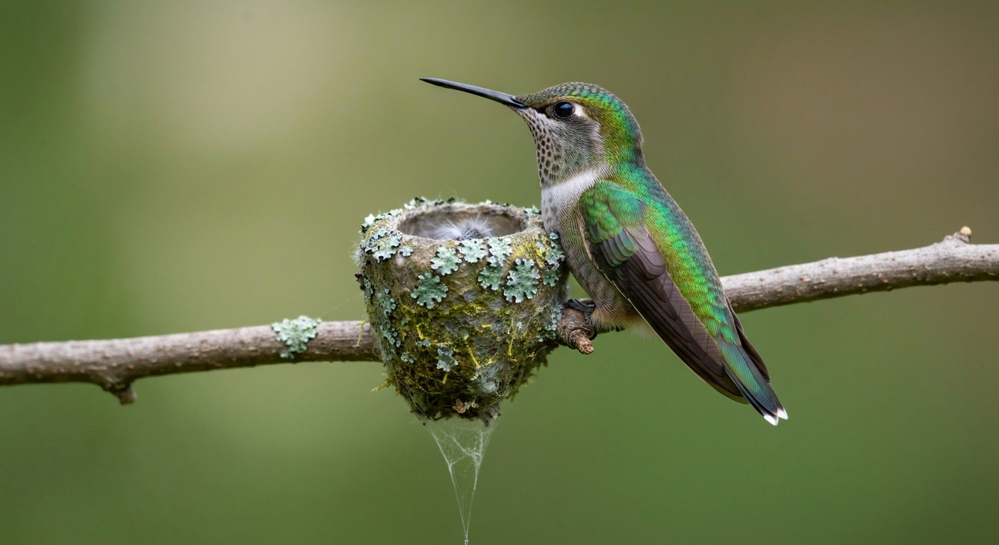 Female hummingbird on a tiny lichen‑camouflaged cup nest made of plant down and spider silk on a slender branch.