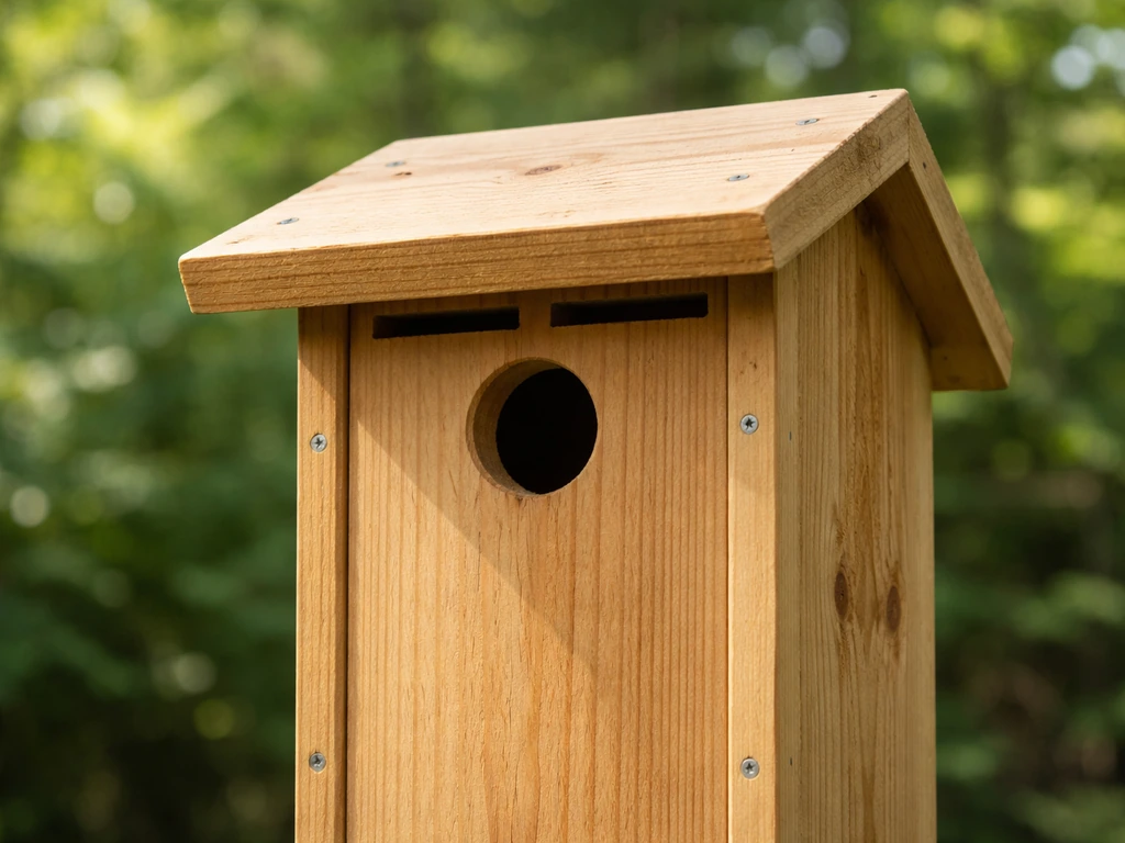 Close-up of a sturdy wooden bird house with ventilation slits, a sized entrance hole, and sloped roof overhang.