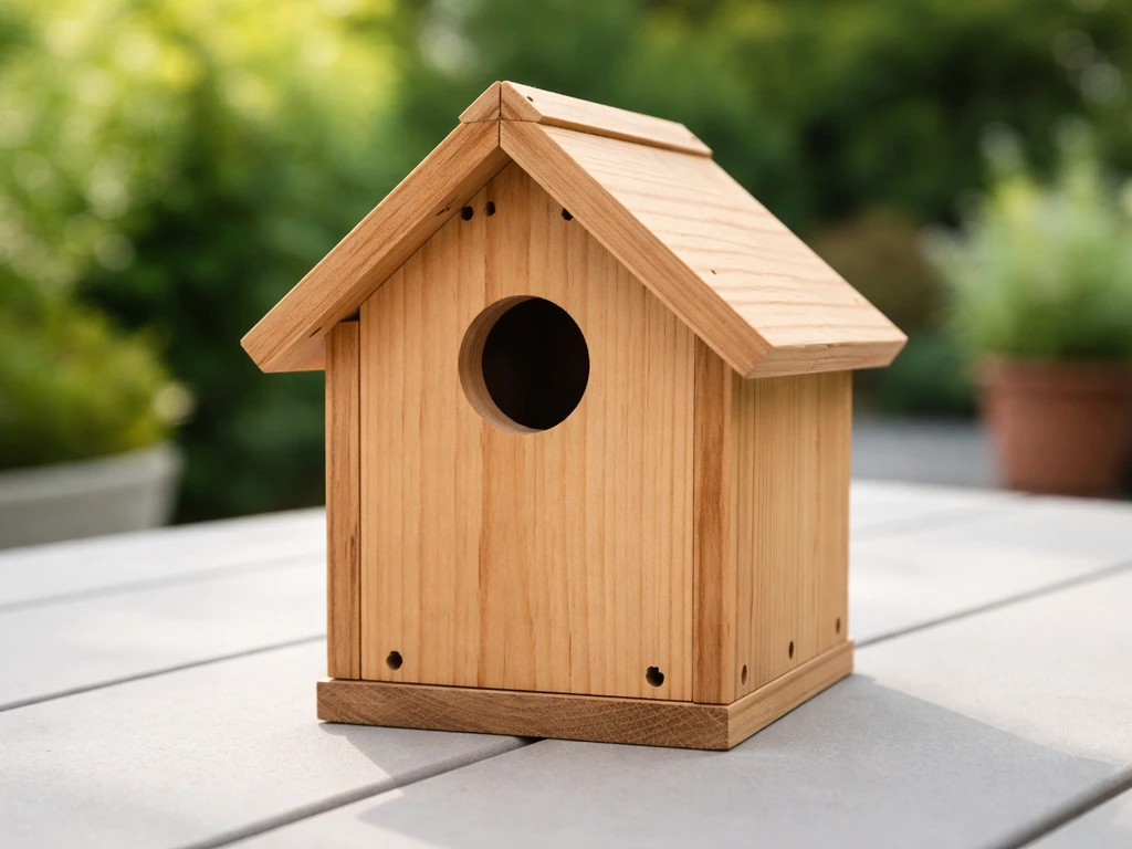Single well-made wooden bird house on a table with close-up details of entrance hole and ventilation/drainage.