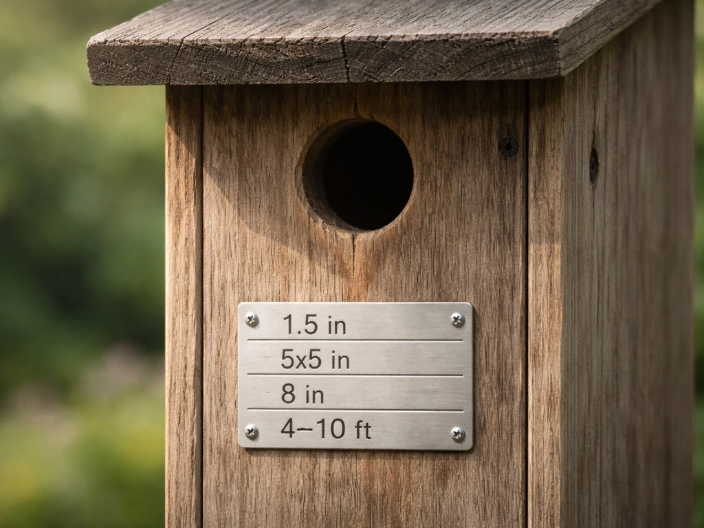 Close-up of a simple birdhouse showing species-dimension details on a small plate
