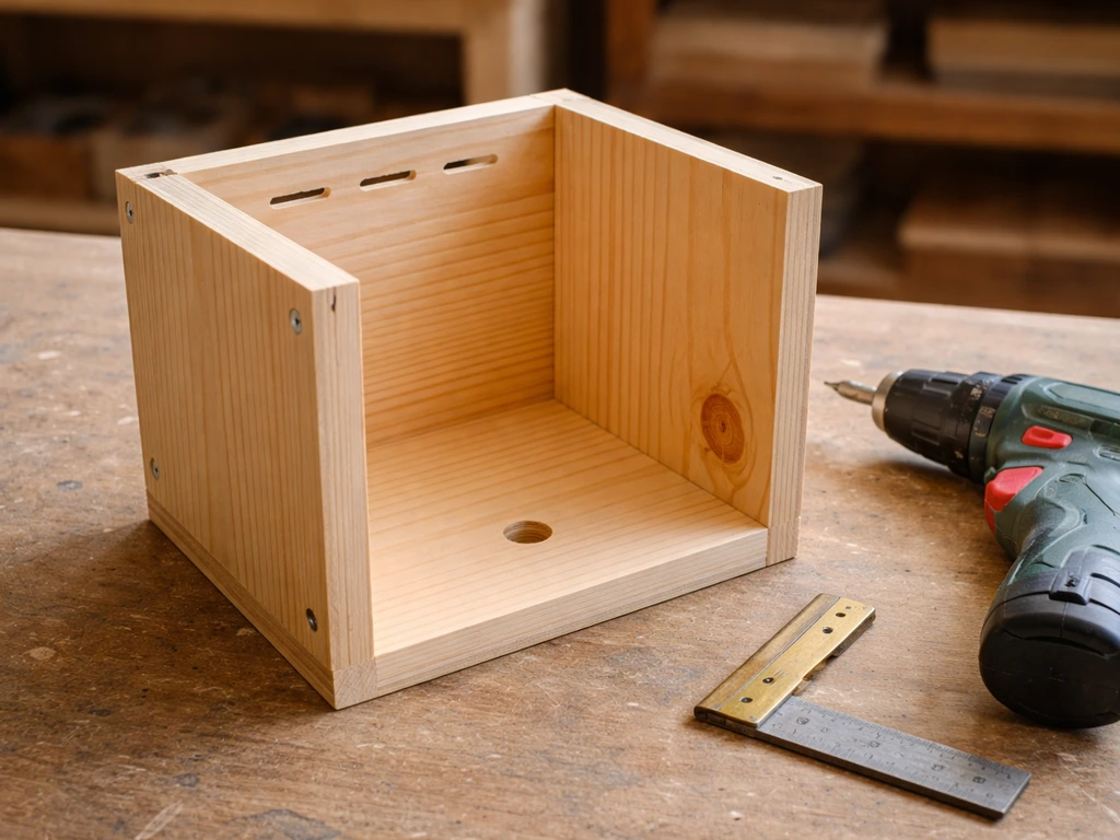 Partially assembled wooden bird house on a workbench with ventilation slots and drainage hole visible.
