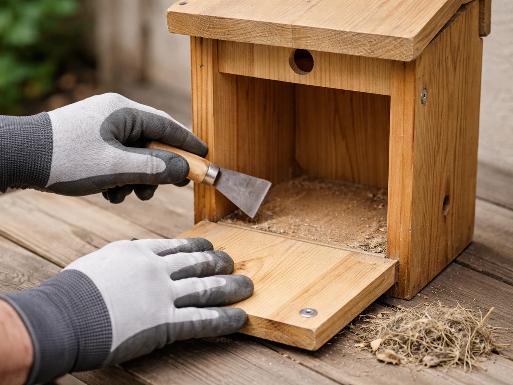 Gloved hands and tools cleaning a wooden nesting box with the front panel open, old material removed.