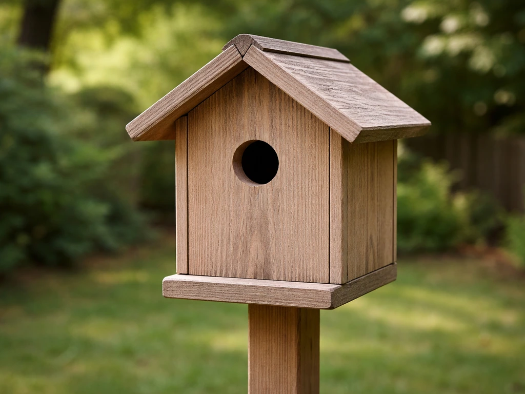 Wooden birdhouse on a post with the entrance hole clearly visible in a natural outdoor garden.