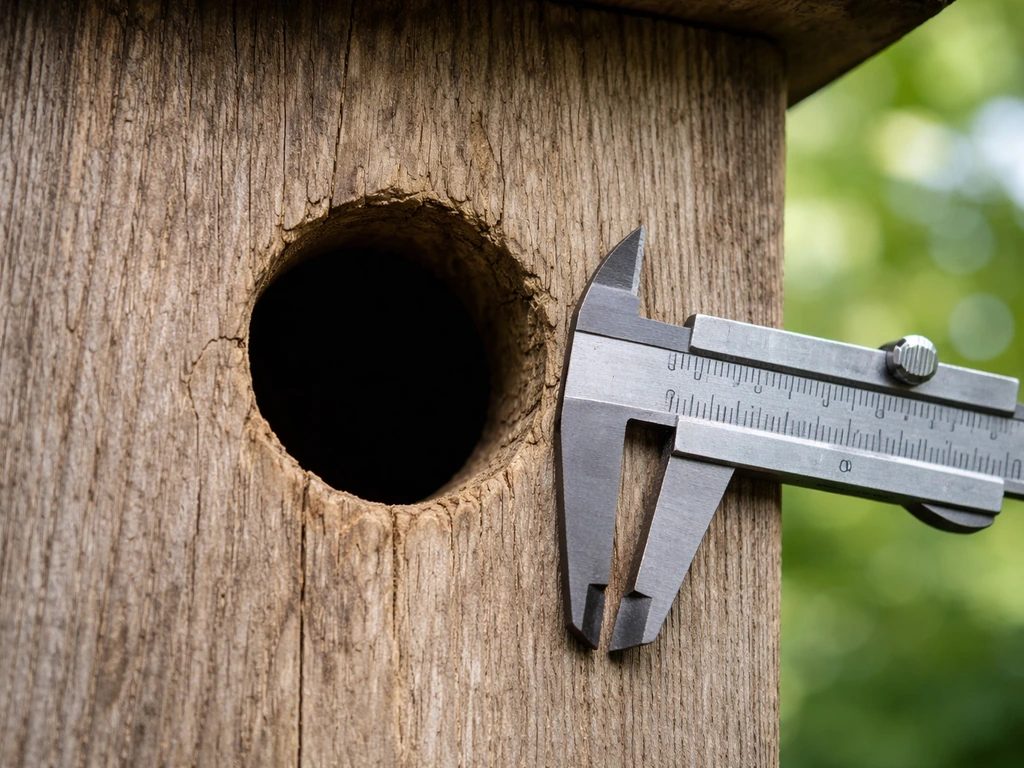 Close-up of a birdhouse entrance hole with a caliper measuring the opening diameter