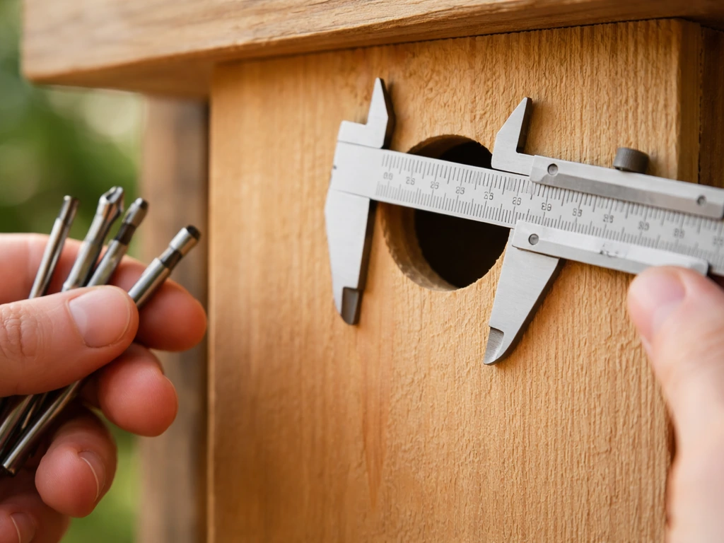 Close-up of hands measuring a birdhouse entrance hole with drill bits and calipers.
