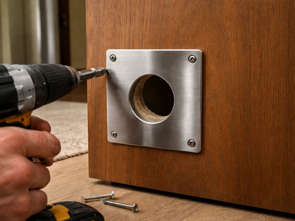 Metal hole-reducer plate centered over an oversized door opening with screws and drill nearby.