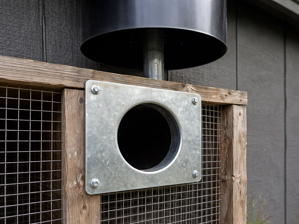 Close-up of a metal entrance plate and nearby pole-mounted baffle protecting an outdoor enclosure opening