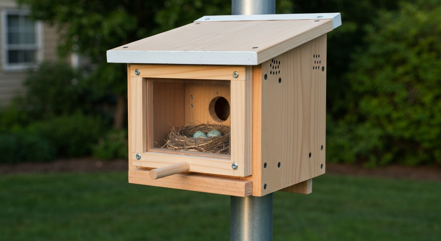 Removable-window cedar bird box on a metal pole with stovepipe baffle; sliding clear back panel shows a nest with three bluebird eggs; box faces shaded garden.