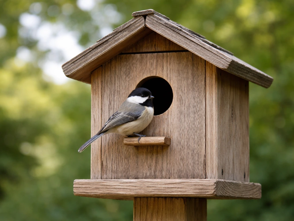 A small bird perched at the entrance of a properly sized birdhouse, showing safe fit