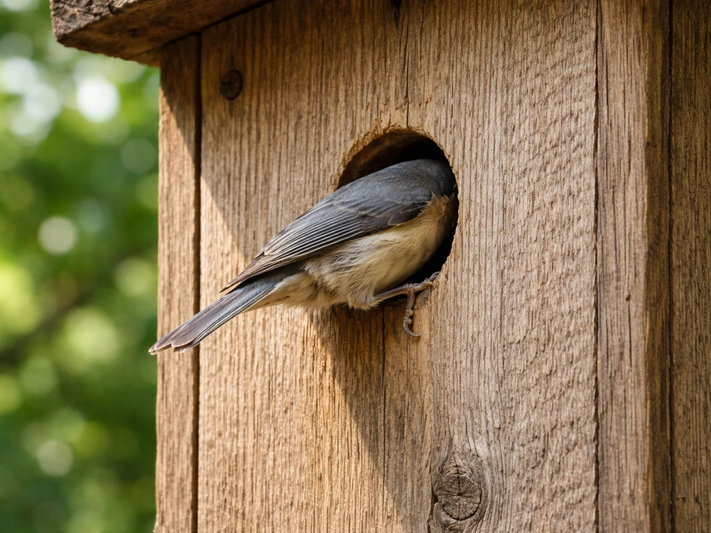 A small cavity-nesting bird slips into a wooden bird house through a narrow entrance hole.