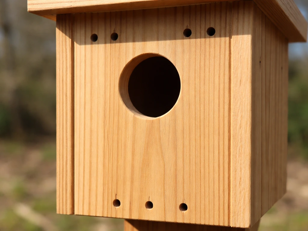 Closeup of a wooden birdhouse front panel showing entrance, ventilation openings, and base drainage holes