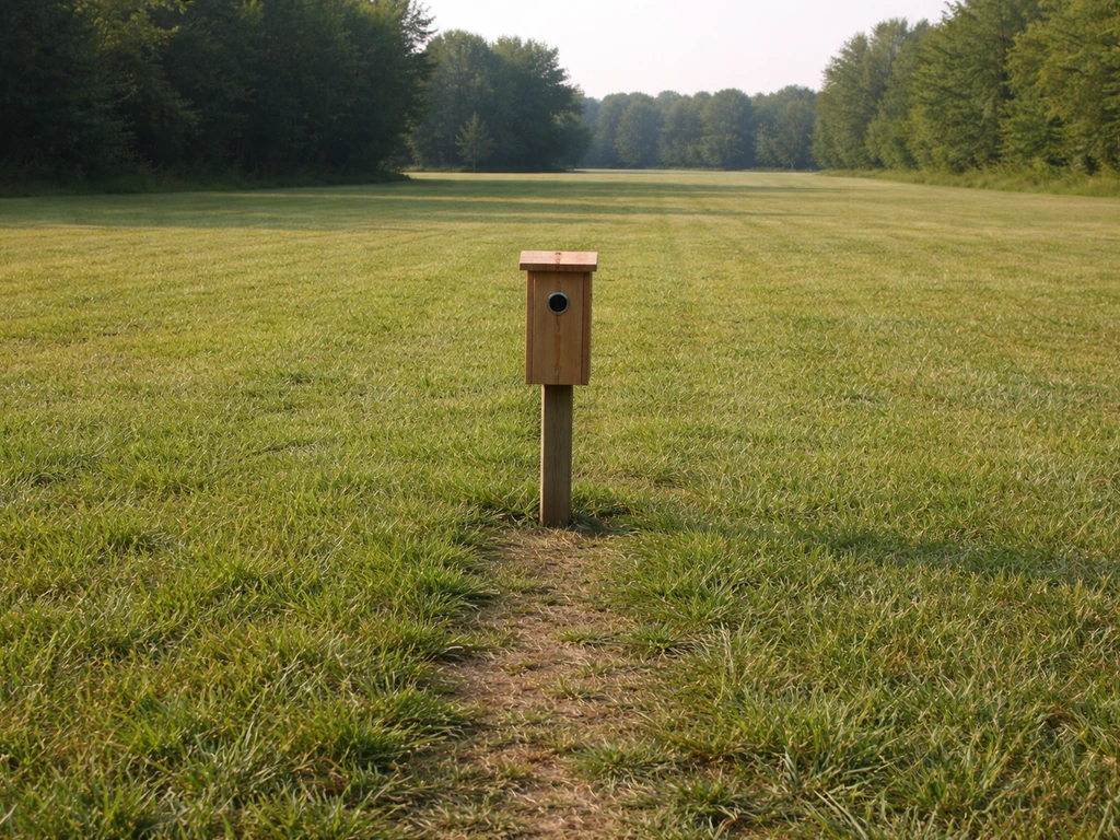 Open grassy field with short vegetation and a bluebird nest box entrance in clear view.