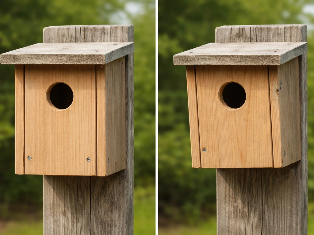 Two outdoor nesting bird boxes side by side showing correct hole size and stable mounting vs incorrect and wobbling moun