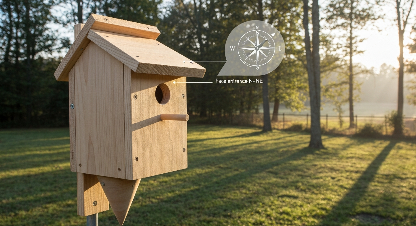 Photorealistic backyard image of a cedar bird house on a pole with a cone baffle; a compass overlay indicates the entrance facing between north and northeast.