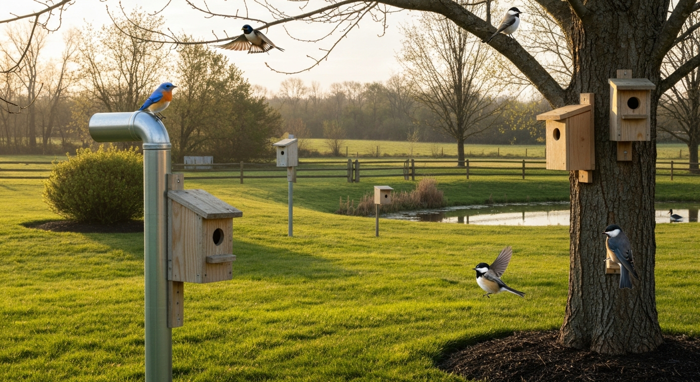 Backyard scene showing multiple species-appropriate birdhouses on poles and a tree with small birds nearby.