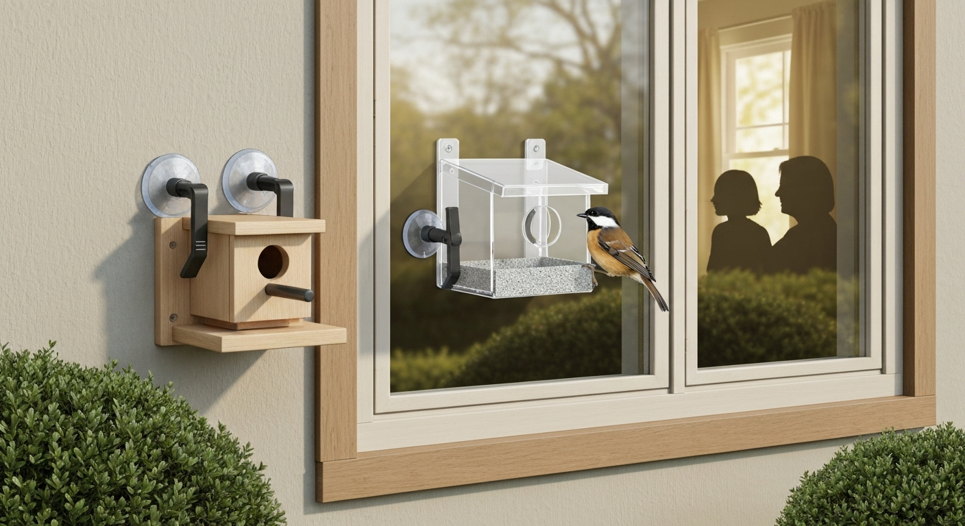 Realistic illustration of a window-mounted bird house on a residential window with safety features (window markings, overhang, ventilation), and silhouettes of people watching from inside.