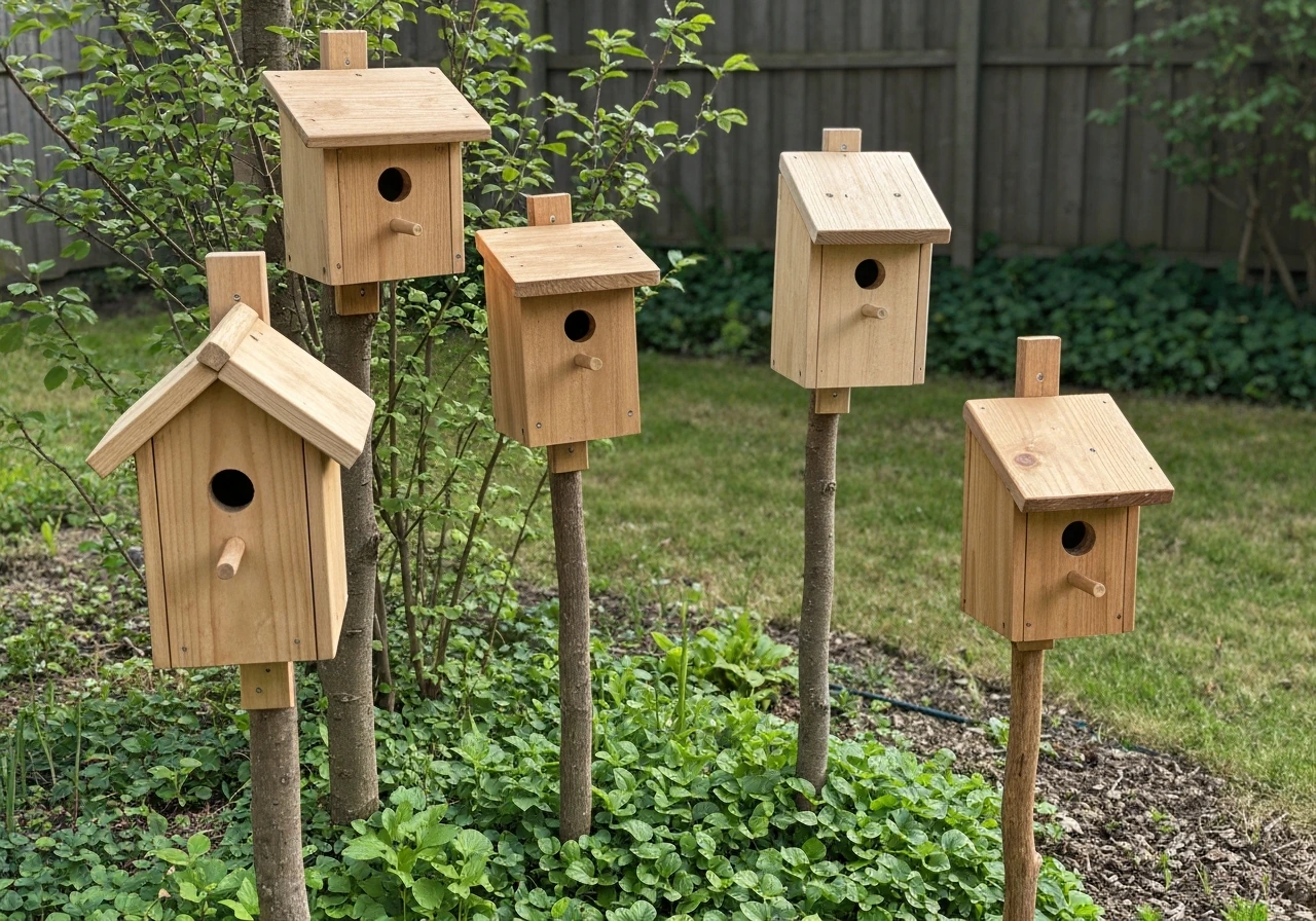 Wooden outdoor bird houses of different styles mounted in a natural backyard yard.