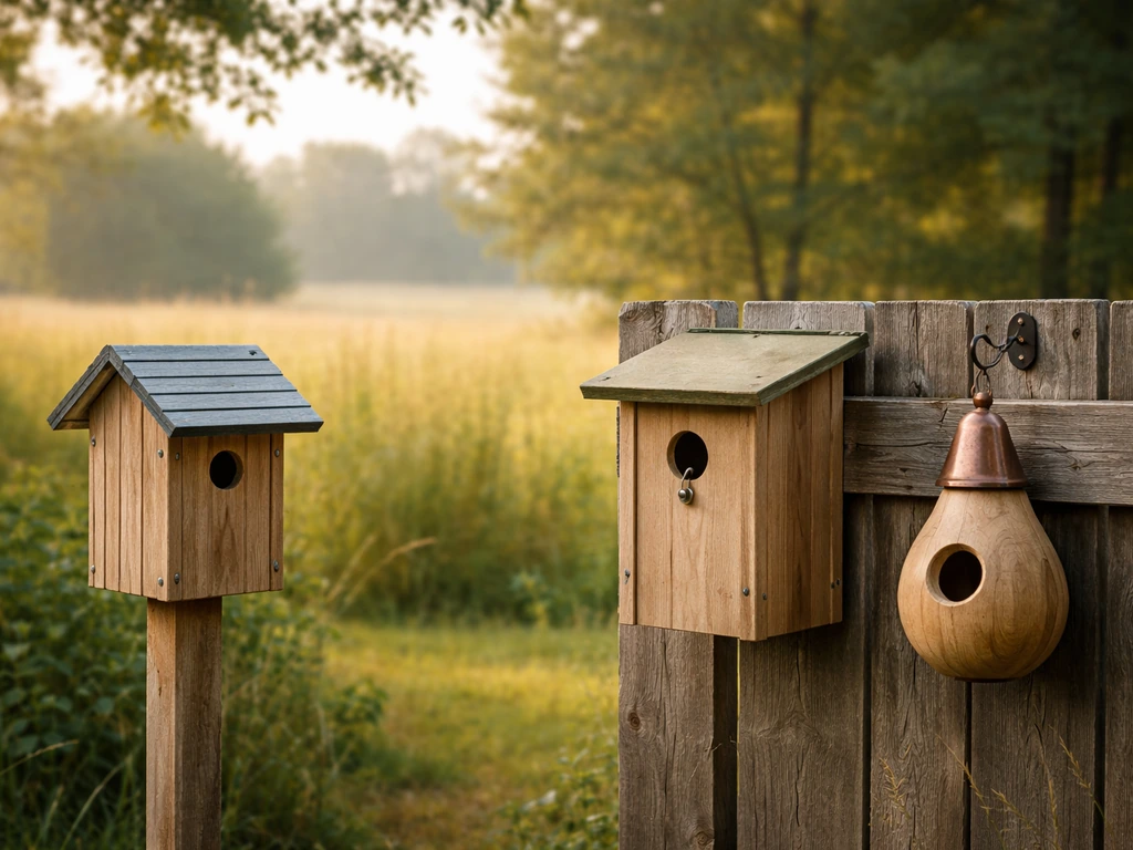 Assorted cavity-nesting birdhouses near an open meadow edge, suggesting habitat for local birds.